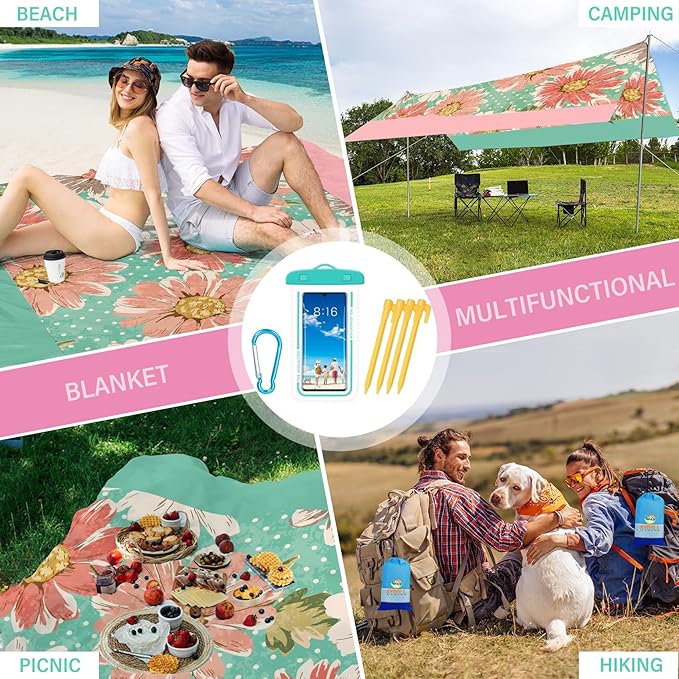 BYDOLL Beach Blanket Waterproof Sandproof 10'×9' Suits1-8 Adults Compact Lightweight Oversized Sand-Free Blanket Large Picnic Mat for Beach Travel Camping Hiking