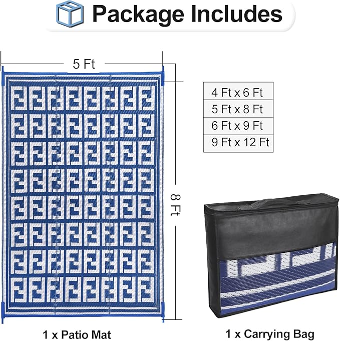 OutdoorLines Outdoor Plastic Area Rugs for Patio 5x8 ft - Reversible Outside Carpet, Stain & UV Resistant RV Mats, Straw Rug for Camping, Deck Garden, Porch and Balcony, Geometry Navy & Light Grey