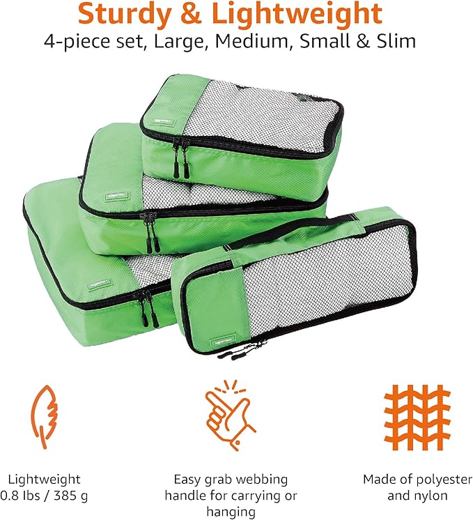 Amazon Basics Packing Cubes for Travel, Packing Organizers Set, 4-Piece-Set (Slim, Small, Medium, Large) With Double Zipper Pulls and Mesh Top Panel, 100% Durable Polyester, Green