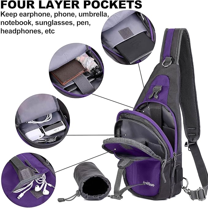 AmHoo Sling Backpack Chest Shoudler Crossbody Bag Water Resistant Hiking Daypack
