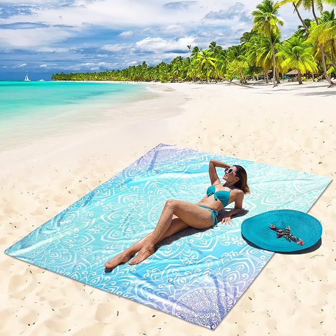 Beach Blanket Waterproof Sandproof Beach Mat Quick Drying Durable Outdoor Picnic Mat for Beach Festival Travel Picnic Camping Hiking (Gradiant Blue-Mandarin,79"×83"(4 Person))