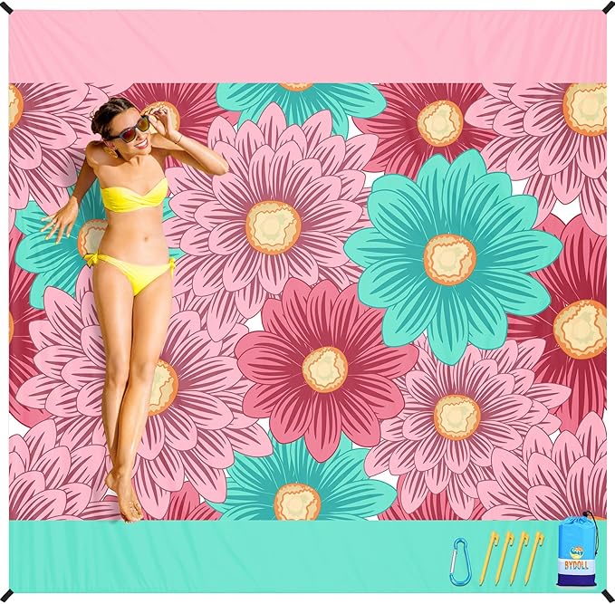 BYDOLL Beach Blanket Waterproof Sandproof 78''×81'' Suits1-4 Adults Compact Lightweight Oversized Sand-Free Blanket Large Picnic Mat for Beach Travel Camping Hiking