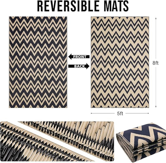 OLANLY Waterproof Outdoor Rug 5x8 ft Clearance, Reversible Outdoor Plastic Straw Rug, RV Mat, Indoor Outdoor Carpet for Patio, Camping, Balcony, Deck, Backyard, Black & Beige