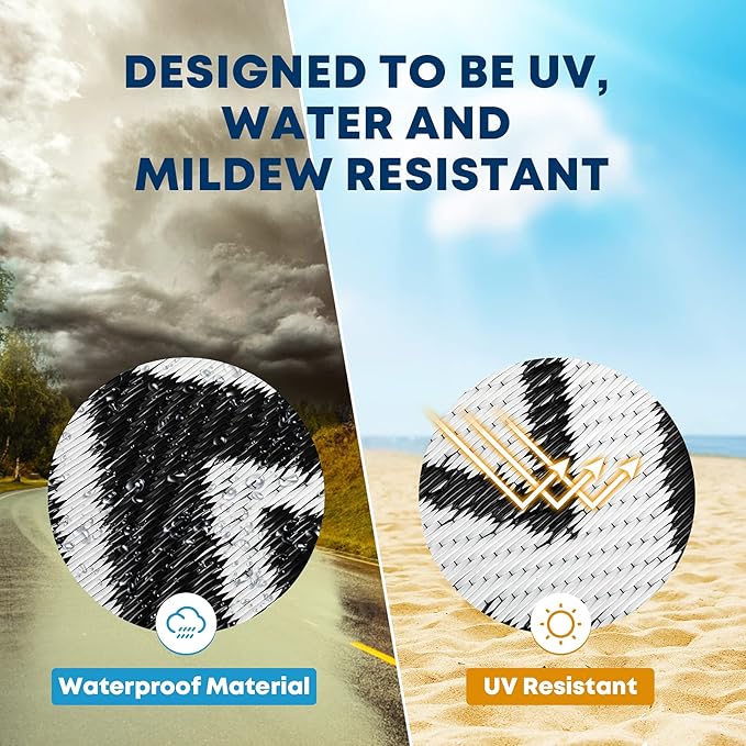 Kohree Outdoor Rugs 9x12 Patios Clearance, Outdoor Patio Rug Waterproof, Outdoor Carpet Camping Mat Rug for RV, Deck, Backyard, Picnic, Porch, with 4 Stakes and 1 Carry Bag, Black, Easy to Clean