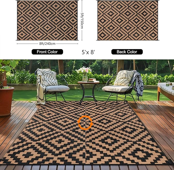 Outdoor Patio Plastic Straw Rug - 5'x8' Outdoor Camping Rug Waterproof Reversible, Area Carpet Patios Clearance RV, Outside Porch Balcony Deck for Camper, Black & Brown