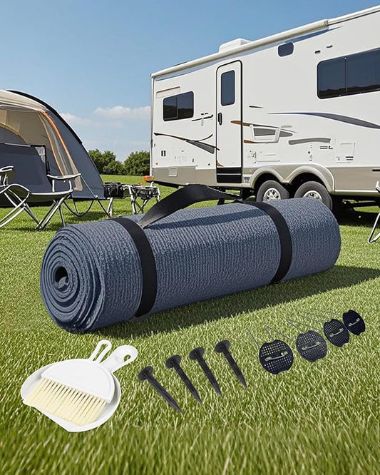 FoundGo Awning Carpet HDPE Camping Outdoor Rug with Eyelets,Nails,Broom,for RV,Patio,Backyard,Picnic,Beach,Trailer 9'*12' (2.74 * 3.66m) -Blue Grey