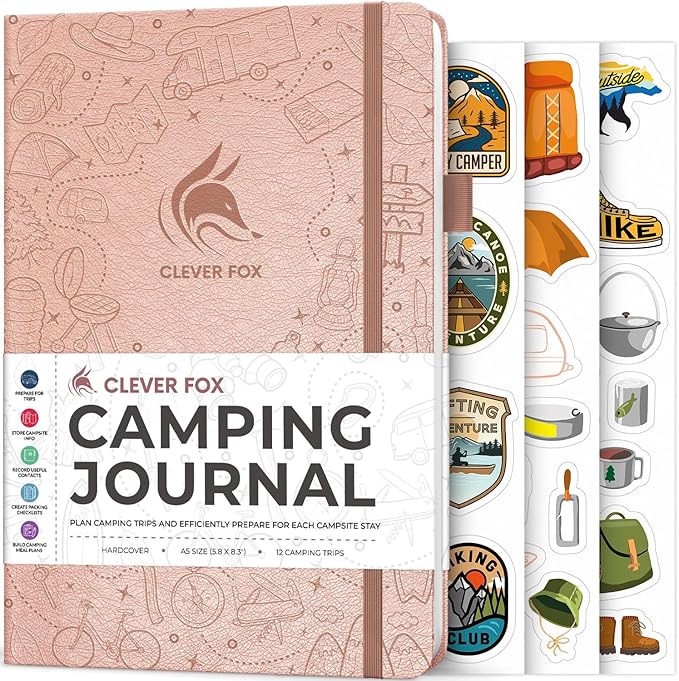 Clever Fox Camping Journal – Camper Log Book & RV Trip Planner – Outdoor Camp Journal & Adventure Travel Notebook – 12 Trips Total, 8 Pages per Trip – Hardcover, A5 Size (Rose Gold)