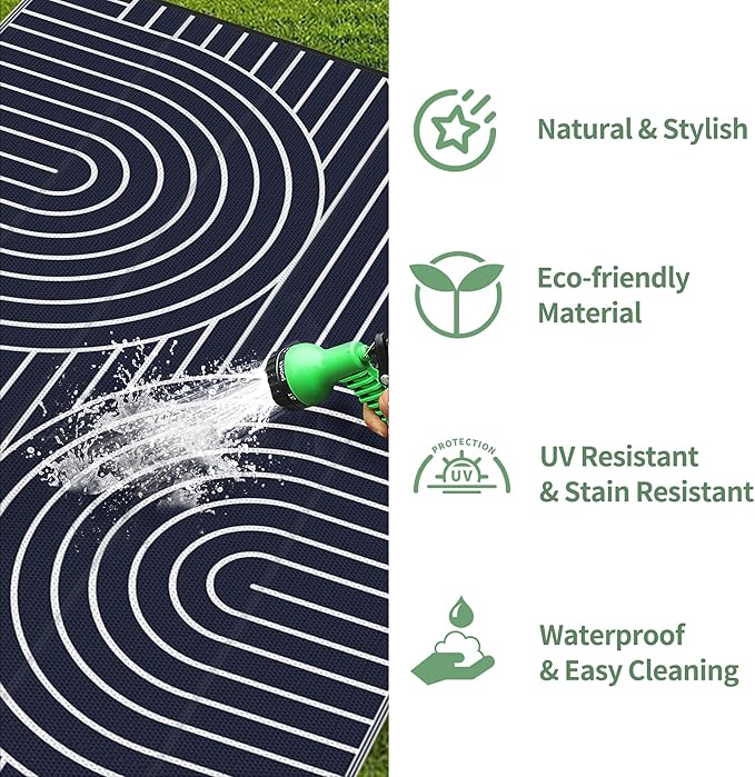 GENIMO Outdoor Rug 6'x9' Patio Waterproof, Lightweight Outdoor Plastic Straw Rug Clearance, Reversible Camping Mat Outdoor Carpet for RV, Picnic, Backyard, Deck, Balcony, Porch, Blue & White