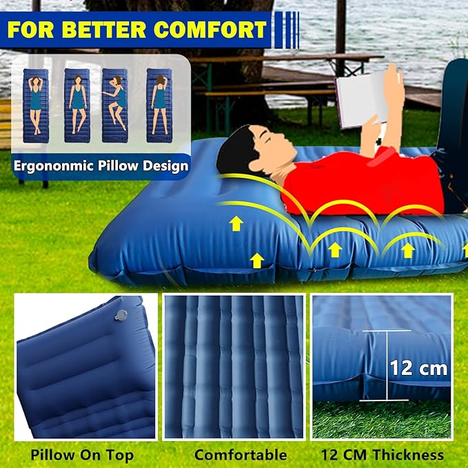 Blue Self Inflating Sleeping Pad, Blue Sleeping Air Mattress with Built-in Foot Pump, 4.7” Single Air Mattress Sleeping Mat Camping Mat Inflatable Sleeping Pad for Camping Hiking Picnic