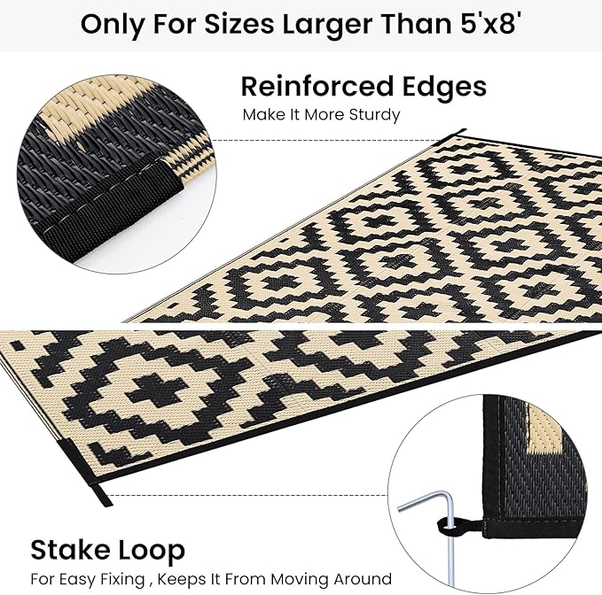 Smiry Waterproof Outdoor Rug 8x10 ft, Reversible Plastic Straw Patio Camping Rugs, Outdoor Indoor RV Mat Carpet for Patio, Outside Entry, Backyard, Deck, Bench, Picnic, Camper, Black & Beige