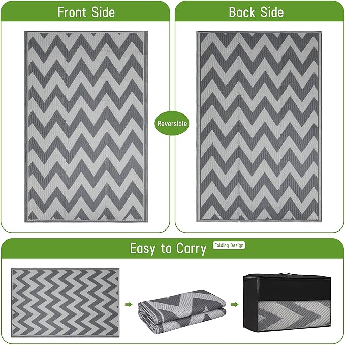 Easy-Going Reversible Outdoor Rugs 4x6ft Waterproof Plastic Straw Rug Stain & UV Resistant Floor Mat for Patio Porch RV Backyard Pool Deck Picnic Beach Trailer Camping (Waved Grey & Light Grey)