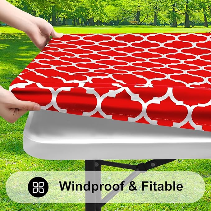 Smiry Rectangle Picnic Table Cover, Waterproof Elastic Fitted Camping Tablecloths for 5 Foot Tables, Wipeable Flannel Backed Vinyl Tablecloth Protector for Indoor, Outdoor (Red, 30x60 Inches)