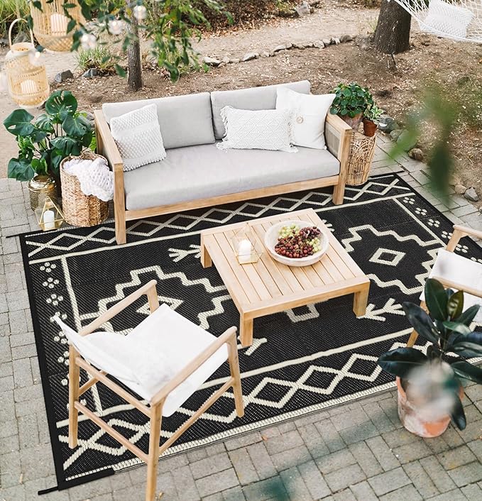 Uphome Outdoor Plastic Straw Rug 6x9 ft, Reversible Waterproof Outdoor Rug Carpet, Black Boho Patio Rug, RV Camping Rug for Outside, Indoor Outdoor Area Rug for Backyard Deck Balcony Picnic, 6'x9'
