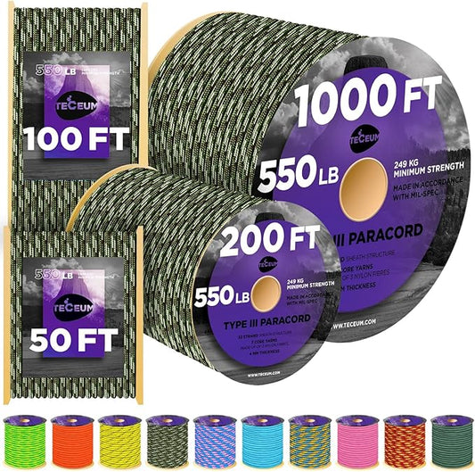 TECEUM Heavy Duty Rope 1000 – 1000ft / 200ft / 100ft / 50ft – 40+ Colors – Utility Rope for Survival & Camping Gear – Nylon String, Camping Rope, para Cord, Utility Nylon Rope, Tent Cord