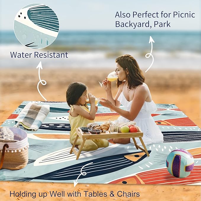 Large Beach Blanket Waterproof Sandproof 79"x 83" for 1-4 Adults,Quick Drying Beach Mat,Lightweight & Durable,Beach Essentials for Family Beach Camping Travel Picnic(Small Fish)