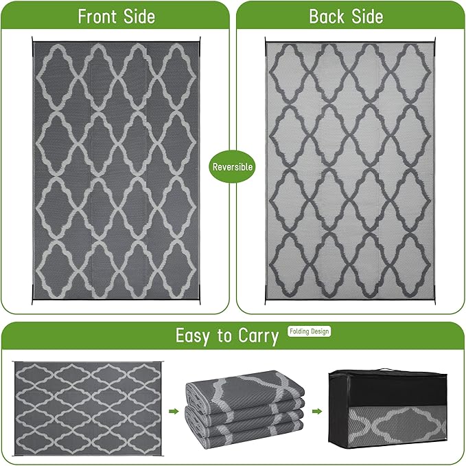 Easy-Going Reversible Outdoor Rugs 9x12ft Waterproof Plastic Straw Rug Stain & UV Resistant Floor Mat for Patio Porch RV Backyard Pool Deck Picnic Beach Trailer Camping (Moroccan Grey & Light Grey)