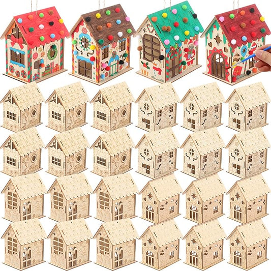 12 Pcs Wood Gingerbread House Craft Kit for Kids DIY Wooden Christmas Birdhouse Craft Kits Holiday Village Houses Make a Gingerbread Wooden House for Xmas Party Game Craft Supplies