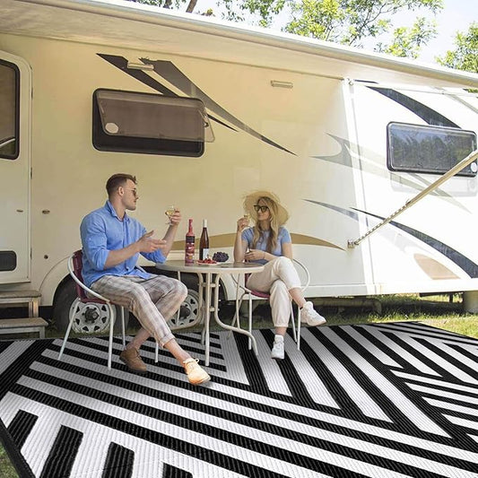 Outdoor Patio Plastic Straw Rug - 9'x12' Outdoor Camping Rug Waterproof Reversible, Area Carpet Patios Clearance RV, Outside Porch Balcony Deck for Camper, White & Black