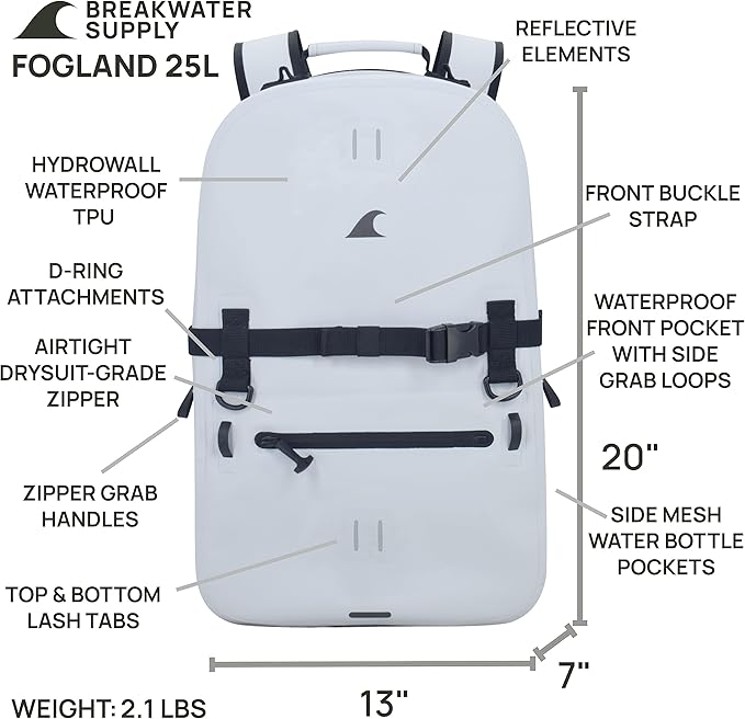 Breakwater Supply™ 100% Waterproof Submersible Backpack, Laptop Bag, Airtight Zippers | Travel Outdoors | Fogland 25L 20L 15L