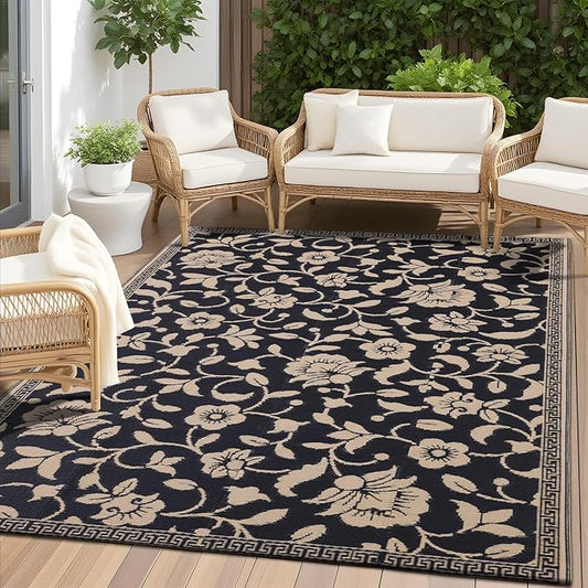OLANLY Waterproof Outdoor Rug 5x8 ft, Outdoor Plastic Straw Rug with Flower Pattern, Reversible RV Mat for Patio, Camping, Balcony, Deck, Backyard, Black & Beige