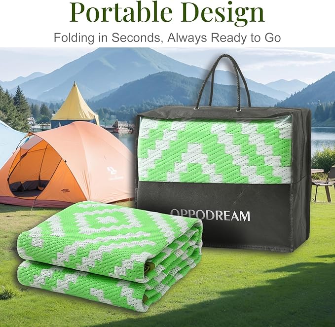 OPPODREAM Outdoor Rug 9x12 Patio Waterproof, Large Outdoor Plastic Straw Rug, Reversible Out Door Carpet for Camping, Deck, Rv, 9 x 12 Area Carpet for Balcony, Porch, Backyard, White and Green