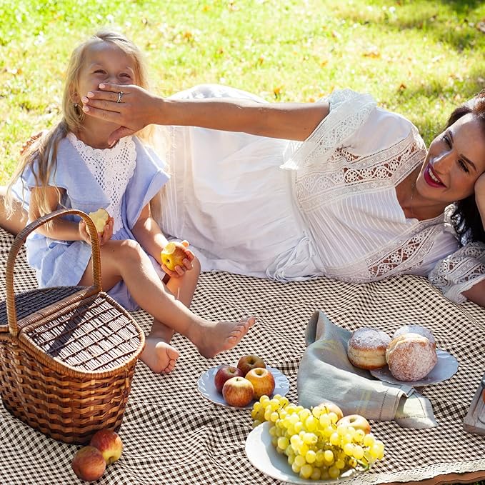 Waterproof Picnic Blankets Outdoor Blanket Foldable 2 in 1 Double Layer Sandproof Beach Mat with Carry Strap for Camping Lawn Park Beach Grass(Coffee White,59 x 79 Inches)