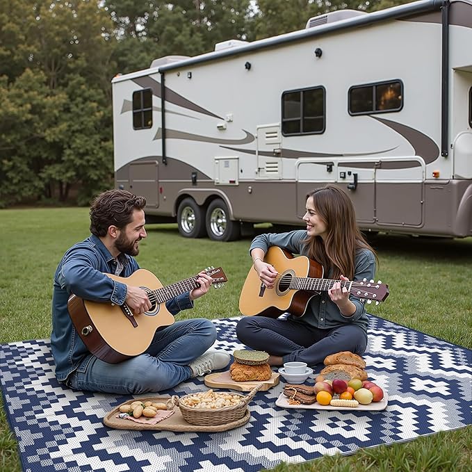 GENIMO Outdoor Rug for Patio, 5' x 8' Lightweight Waterproof Plastic Straw Rugs, Reversible Camping Carpet, Large Area Rugs Mat for Rv, Deck, Balcony, Porch, Backyard, Blue & White