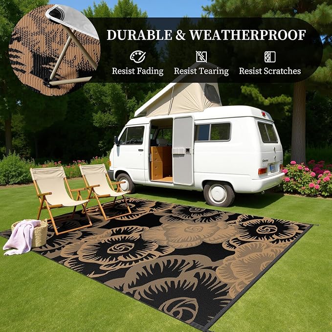 MontVoo Outdoor Rug-Waterproof Patio Rug Mat 5x8 Outdoor Carpet Mat Reversible Plastic Straw Outside Outdoor Rug for RV Camping Picnic Beach Balcony Backyard Pool Deck Farmhouse Floral Black Brown