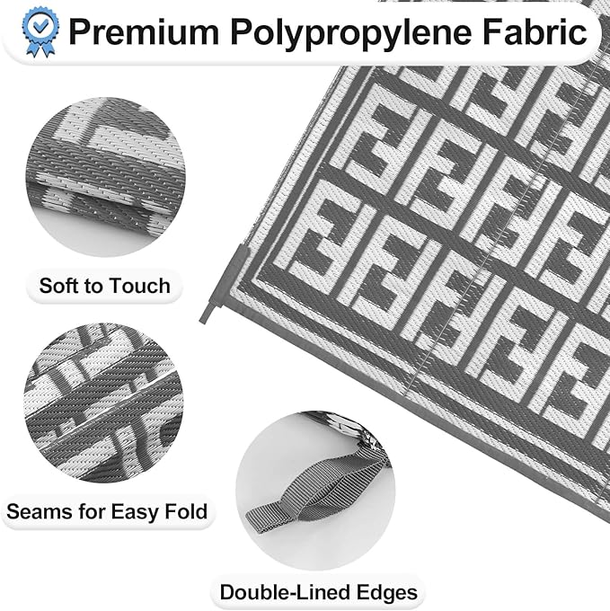 OutdoorLines Outdoor Plastic Area Rugs for Patio 4x6 ft - Reversible Outside Carpet, Stain & UV Resistant RV Mats, Straw Rug for Camping, Deck Garden, Porch and Balcony, Geometry Grey & Light Grey