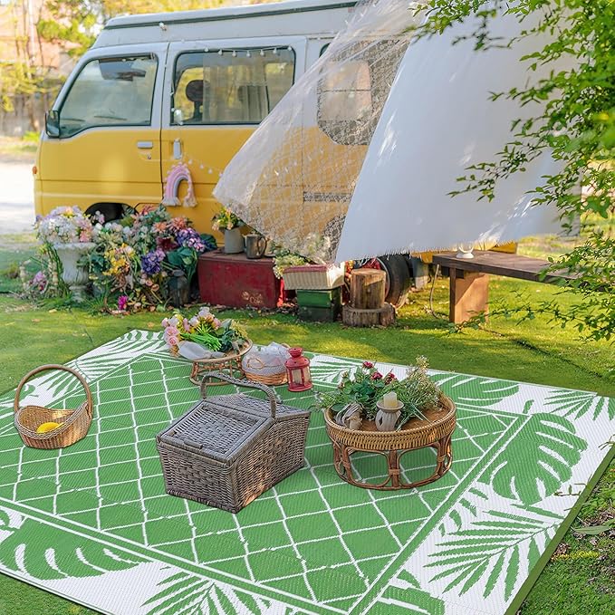 Ileading Outdoor Rug Carpet for Patio 6' x9' Waterproof Reversible Plastic Straw Rug Portable Outside Area Rug Camping Mat for Patio, Clearance, Balcony, Picnic, Pool, Beach, RV, Deck, Leaf Green