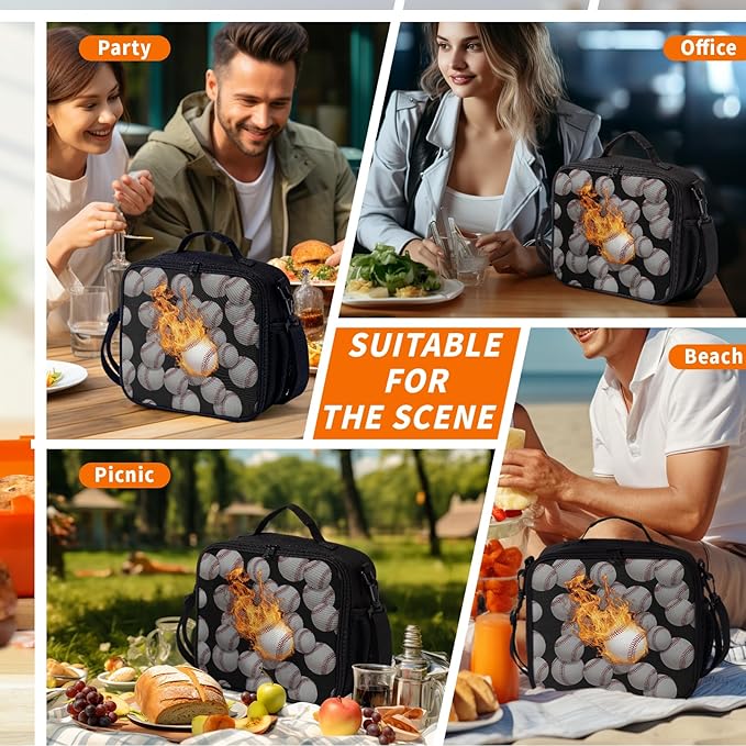 Fire Baseball Sport Pattern Lunch Bag Fire Sport Black Lunch Boxes for Women/Man Office Work Travel School Work Picnic Durable Reusable Insulated Large Lunch Tote Bag with Adjustable Shoulder Strap