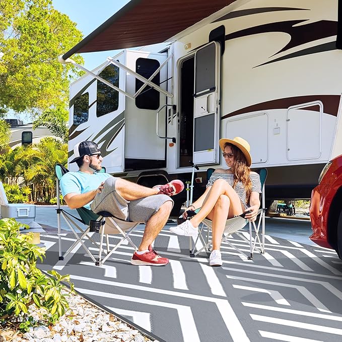 Kohree RV Outdoor Rug 9x12 Reversible, Waterproof Patio Mat with 4 Stakes & UV Fade Resistant, Non-Slip Outdoor Camping Mat for Deck, Picnic, Backyard, Includes Carry Bag (Grey & White)