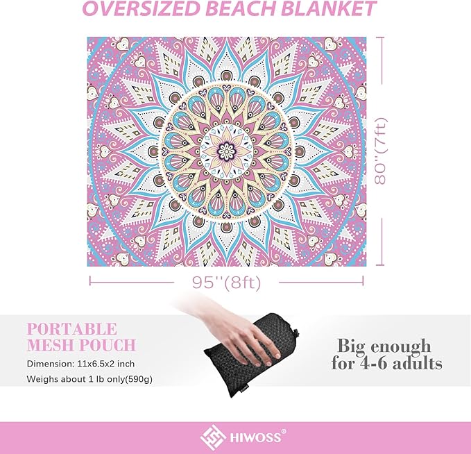 Beach Blanket Waterproof Sandproof Oversized 95”x 80”,Sand Free Beach Mat with Corner Pockets,Portable Mesh Bag for Beach Festival,Picnic,Travel and Outdoor Camping (Rosepink Blue)