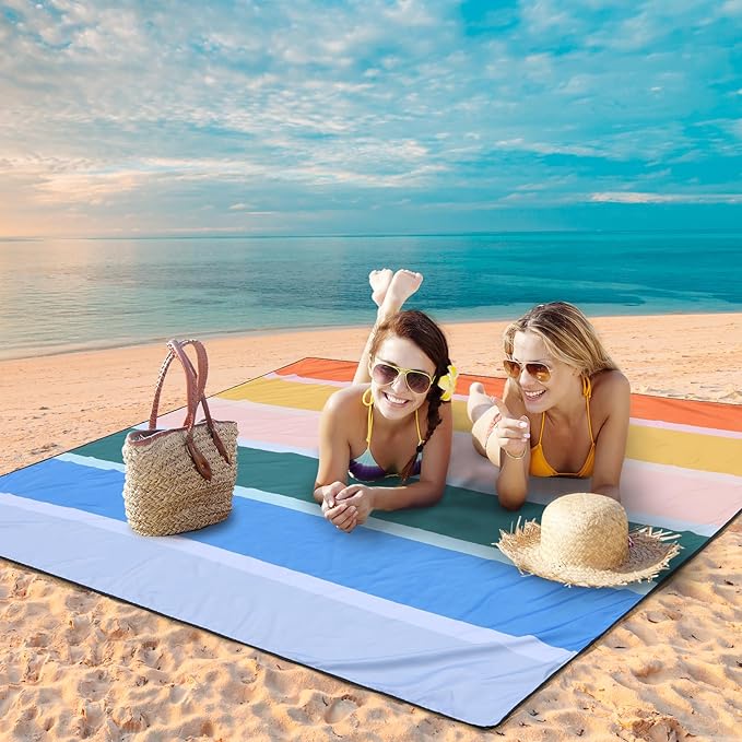 Beach Blanket Waterproof Sandproof Beach Mat 79" X 83" /10'x9'for 2-8 Adults Quick Drying Outdoor Picnic Mat Beach Accessories for Travel, Camping, Hiking