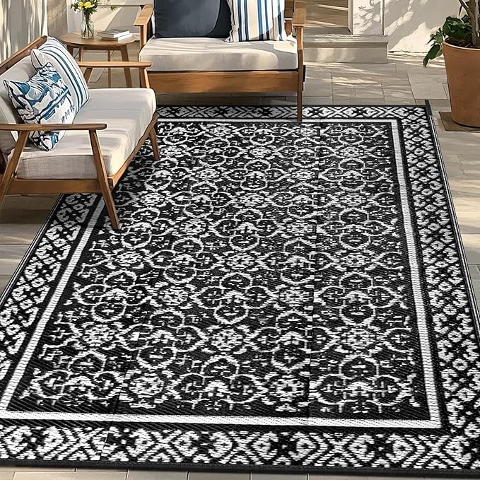 Outdoor Patio Plastic Straw Rug - 5'x8' Outdoor Camping Rug Waterproof Reversible, Area Carpet Patios Clearance RV, Outside Porch Balcony Deck for Camper, Classic Black & White