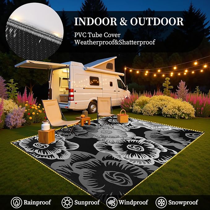 MontVoo Outdoor Rug with Led String Strip Lights 6x9ft Waterproof Outdoor Patio Rug Mat Reversible Plastic Straw Rug Outside Outdoor Rug for RV Camping Picnic Balcony Backyard Fairy Outdoor Decor