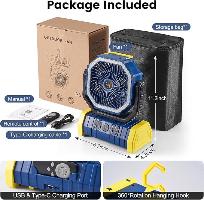 Odoland 30000mAh Camping Fan with LED Lantern, Rechargeable Battery Operated Oscillating with Remote Hook Stroage Bag, Portable Tent Fan with Timer, 4 Speeds for Outdoor RV Jobsite Power Outage, Blue