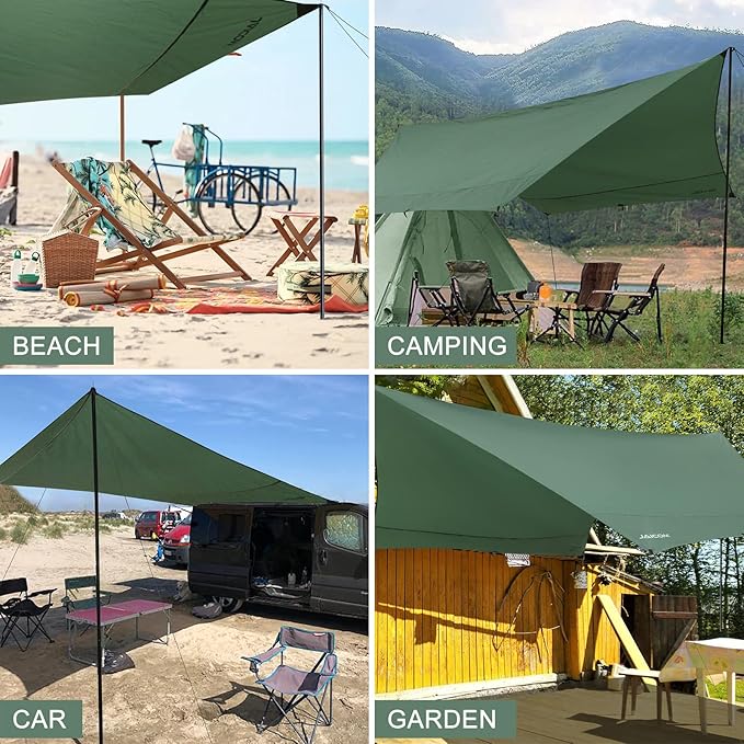 Camping Tarp, 14 X 12FT Tarp with 2 Poles, Waterproof & Lightweight Tent Tarp Car Awning, UV UPF50+ Rain Fly Sun Shelter Can Used with Hammock in Outdoor, Garden and Backpacking