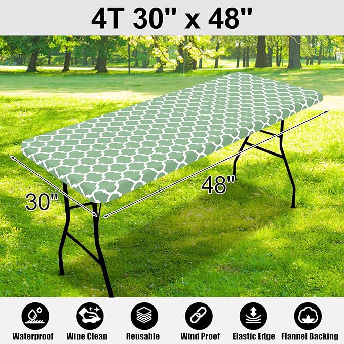 Smiry Rectangle Picnic Table Cover, Waterproof Elastic Fitted Camping Tablecloths for 4 Foot Tables, Wipeable Flannel Backed Vinyl Tablecloth Protector for Indoor, Outdoor (Sage Green, 30x48 Inches)