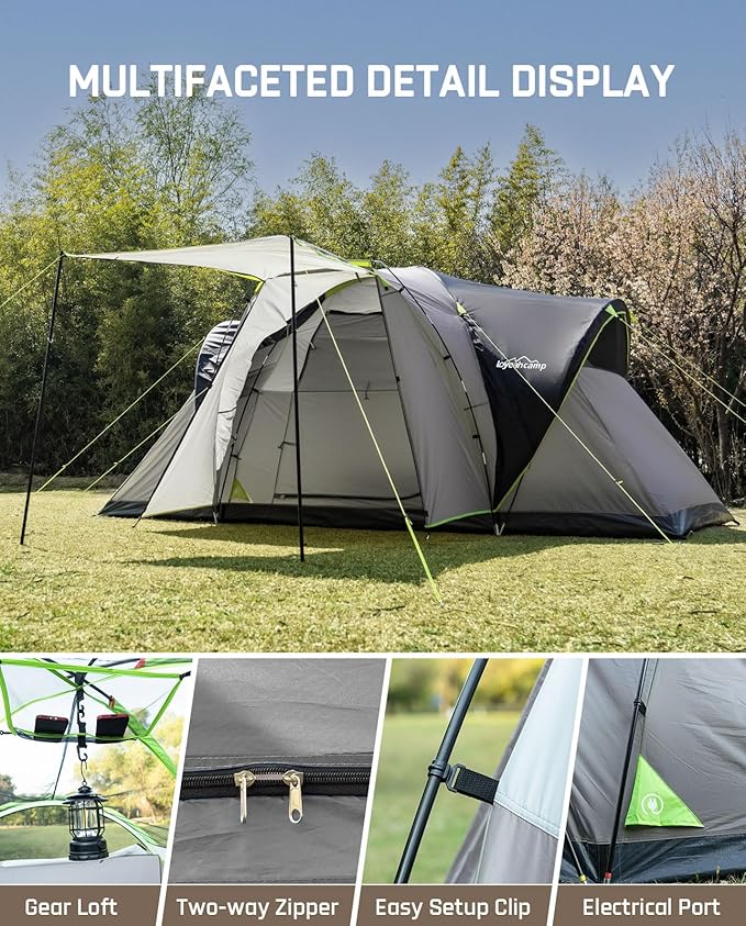 8 Person Larger Extended Dome Camping Tent with 3 Rooms, Waterproof Semi-Freestanding Family Outdoor Tent with Spacious Interior and Mesh Windows