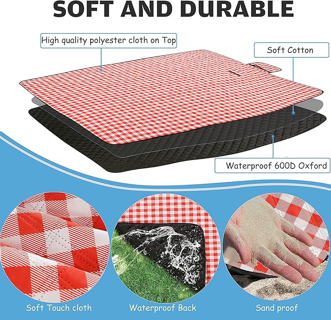 Large Picnic Blanket Beach Blanket Waterproof Sandproof Outdoor Blanket Foldable Beach Mat Sandfree Handy Mat with Carry Strap Lightweight Beach Mat fit 2 to 4 Adults for Beach Grass Lawn Park