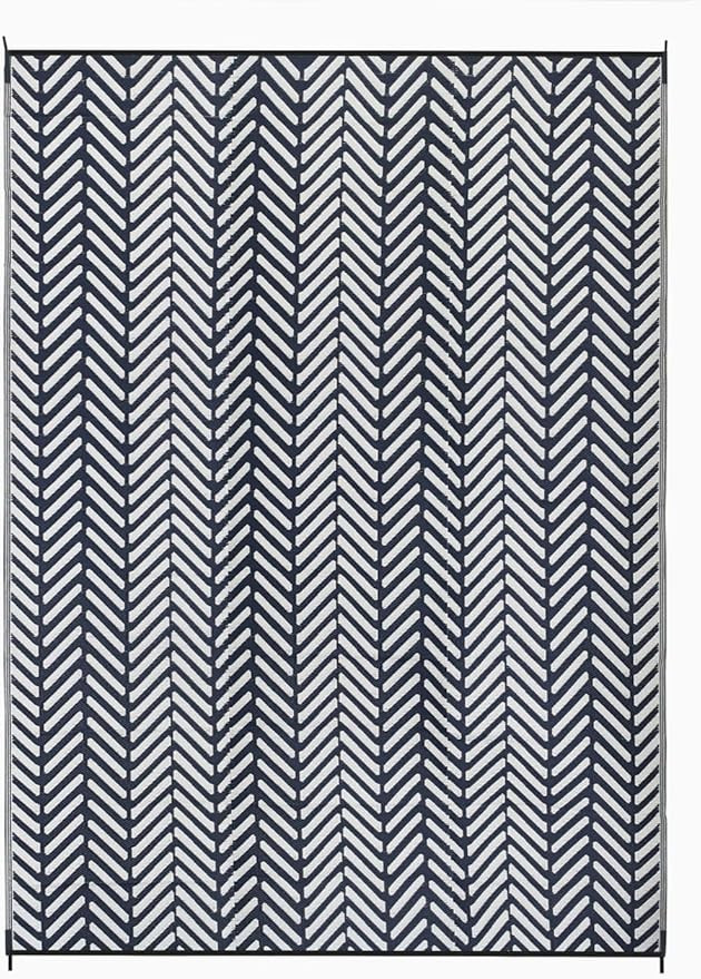 FH Home Outdoor Camping Rug - Waterproof, Fade Resistant, Reversible - Premium Recycled Plastic - Herringbone - Large Patio, Deck, Sunroom, RV - Fresno - Navy - 9 x 12 ft Foldable