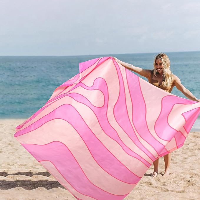 Beach Blanket Sandproof Waterproof, 78''×86'' Large Pink Picnic Blanket with 4 Stakes for 2-4 Adults, Lightweight Foldable Compact Sand Free Outdoor Mat with Portable Bag for Camping, Hiking, Travel