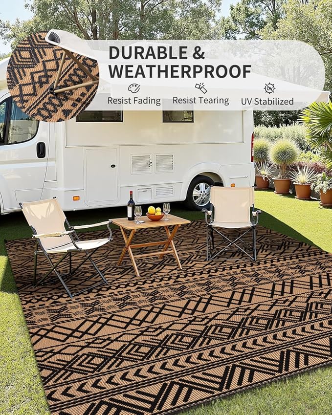 MontVoo Outdoor Rug Carpet Waterproof 6x9 Outdoor Patio Rug Mat Reverisble Plastic Straw Outdoor Rug for RV Camping Picnic Beach Balcony Boho Black Brown