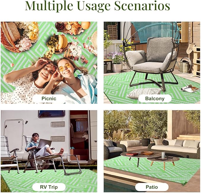 OPPODREAM Outdoor Rug 8x10 Patio Waterproof, Large Outdoor Plastic Straw Rug, Reversible Out Door Carpet for Camping, Deck, Rv, 8 x 10 Area Carpet for Balcony, Porch, Backyard, White and Green