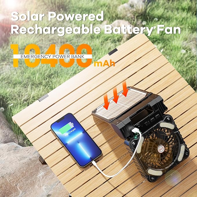 Solar Powered Fan for Camping, 10400mAh Rechargeable Battery Operated Portable Fan with LED Lantern, 4 Speeds Powerful Wind and 3 Timer Table Fan, for Picnic, Hurricane, Fishing, (Black)