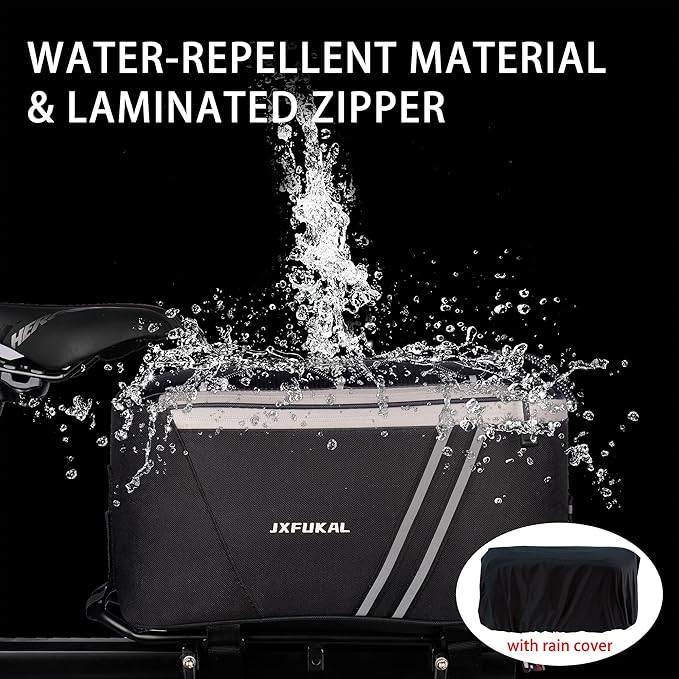 JXFUKAL Rear Bike Rack Bag with Rain Cover, 7L/9L/10L/12L Waterproof Bicycle Ebike Saddle Bag Cycling Pannier Trunk Carrier with Reflector & Adjustable Cord for Commuter Travel Outdoor