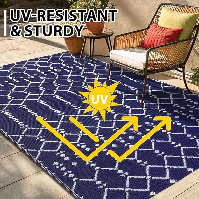 Smiry Outdoor Rug 6x9 ft, Waterproof Reversible Plastic Straw Rugs, Boho Outdoor Area Rug, Outside Floor Mat for Patio, Backyard, Deck, Picnic, Beach, Camping, Navy