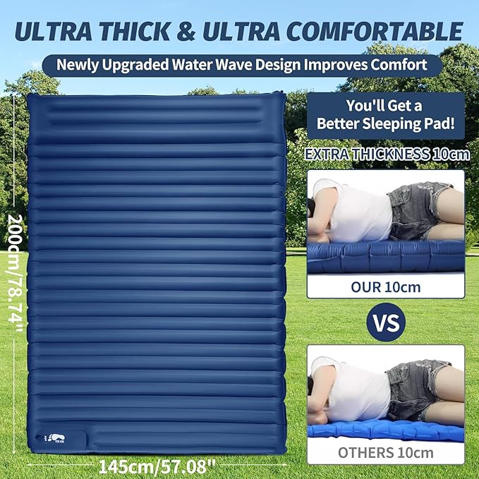 LAMA Double Sleeping Pad for Camping, 2 Persons Self Inflating Camping Mattress for Sleeping, Ultra-Thick 4" Sleeping Mat with Pillow Built-in Pump, Ultralight Camping Mat for Backpacking, Hiking, BL