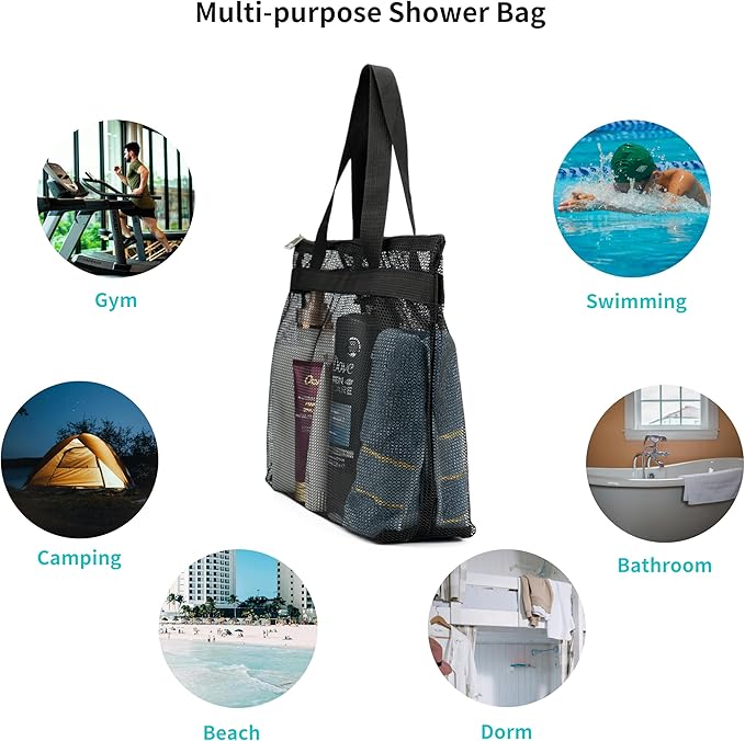 Portable Mesh Shower Caddy Tote Bag Hanging Toiletry Bag with Zipper for Travel, Bath, Gym, Beach, Camping, Dorm
